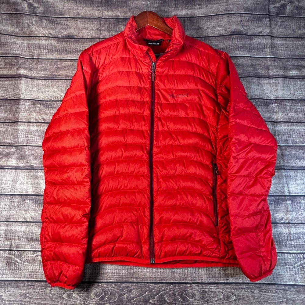 Marmot 600 Fill Down Puffer Jacket Mens Large Red Ripstop Full Zip Insulated